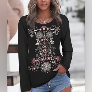 NEW - LOVEU DEAR Black & Pink Abstract Raglan Top - Women. Large.
